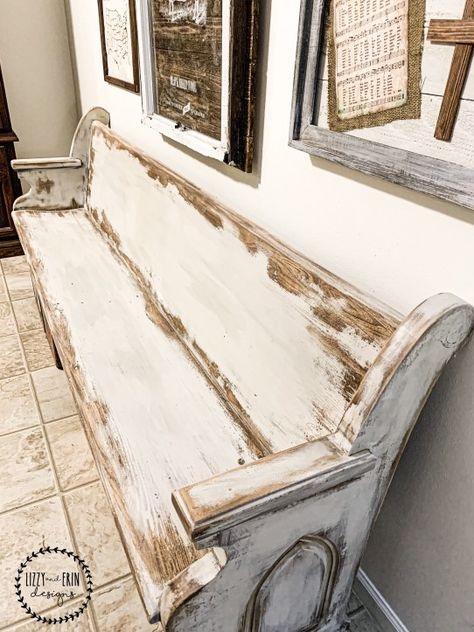 Church Pew Makeover- Before and After – Lizzy & Erin Diy Church Pew Benches, Church Pew Ideas Repurposed, Pew Makeover, Church Pew Bench, Bird Room, Pew Bench, Farmhouse Mudroom, Chalk Paint Recipe, Church Pews