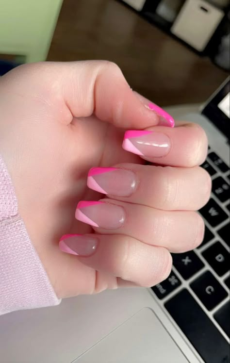 Pink Nail Designs Tips, Cute Vacation Nails Pink, Square Pink Tips, Cute Nails For A Dance, Cute Pink Hoco Nails, Pink Nails With Tips, Light And Hot Pink Nails, Pink Homecoming Nails Acrylic, Pink And White Acrylic Nails Almond