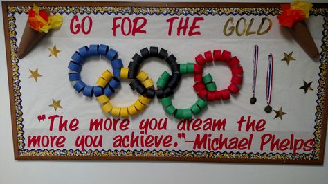 Go for Gold bulletin board Special Olympics Banner, Go For The Gold Bulletin Board, Summer Olympics Bulletin Board Ideas, Olympic Theme Bulletin Board Ideas, Olympic Bulletin Boards For School, Sports Day Bulletin Board Ideas, Olympic Bulletin Board Ideas, Olympic Bulletin Board, Vbs Olympics