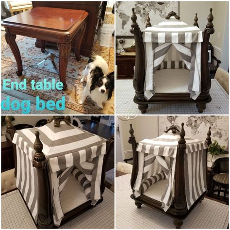 Four Poster Dog Bed, Dog Bed From End Table, Diy Doggie Bed, Pet Beds From Old Furniture, Dog Bed Out Of End Table, Repurposed Furniture Dog Bed, Diy Dog Canopy Bed, Diy Dog Furniture Ideas, Dog Furniture Diy