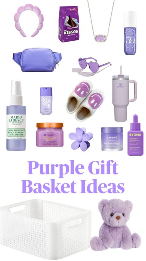 The perfect gift for puppy girl, who likes purple Purple Gift Basket Ideas, Purple Gift Basket, Puppy Girl, Cute Christmas Ideas, Care Basket, Girl Gift Baskets, Best Gift Baskets, Preppy Gifts, Birthday Basket