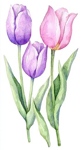 ↑↑↑ Larger size on website 🔸 A watercolor painting of three tulips. The tulips are all different colors: one is a vibrant purple, Tulip Watercolor, Tulips Watercolor, Tulip Drawing, Tulip Painting, Watercolor Tulips, Pink And Lavender, Light Lavender, Vibrant Purple, Art Kids