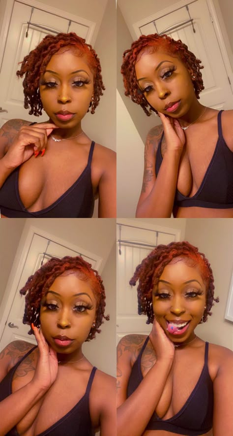 Shirt Locs Hairstyles, Styles For Short Starter Locs For Women, Styled Short Locs Black Women, Short Loc Curls Styles, Short Loc Designs For Women, Wedding Styles For Short Locs, Shorter Loc Styles, Short Hairstyles Locs, Starter Short Locs Styles