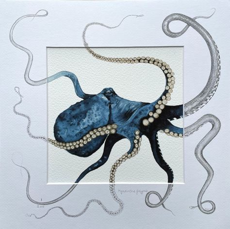 This unique, limited-edition sketched print of my watercolour 'Hyacintho Polypus' (Blue Octopus) is on high quality 240gsm watercolour paper. Deep royal blues with gold detailing is contrasted on a brilliant white background. This highly detailed swimming Octopus is finished in my signature style with hand sketched tentacles drifting across the mount. I individually hand sketch each piece by hand to order. Hyacintho Polypus brings a sense of calm in a fast-moving world. Transported underwater, t Underwater Line Art, Octopus Art Illustration, Octopus Art Painting, Blue Painting Ideas, Octopus Sketch, Watercolor Octopus, Octopus Artwork, Sea Life Artwork, Aquatic Art