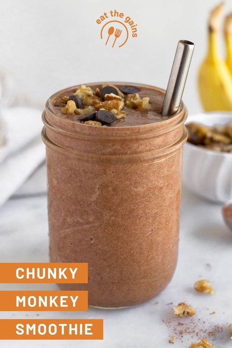 Thick and creamy chunky monkey smoothie made from bananas, cacao powder, chocolate protein powder, and walnuts. Packed with vitamins, minerals, and fiber, this protein smoothie makes a healthy spin on a classic ice cream flavor. Smoothie High Protein, Chunky Monkey Smoothie, Protein Smoothie Recipes Healthy, Freeze Sweet Potatoes, Ice Cream Flavor, Frozen Cauliflower Rice, Milk Smoothie, Protein Smoothie Recipes, Chunky Monkey