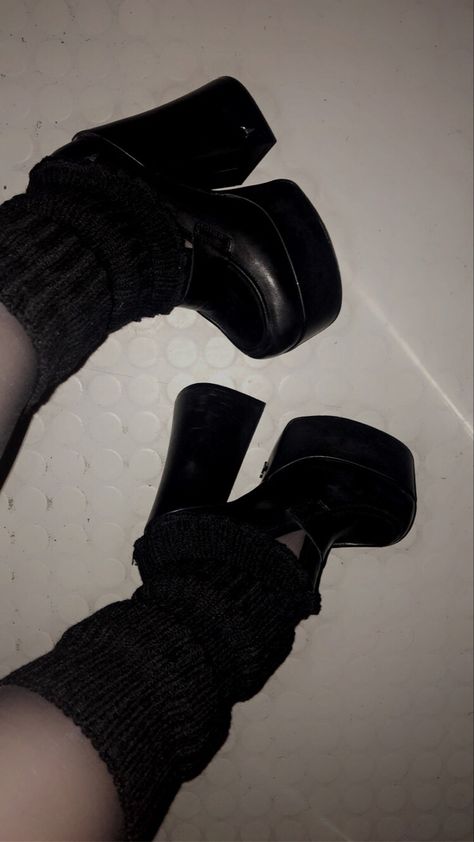 Platform high heels with leg warmers #platformhighheels #legwarmers #shoes #fashion #grungeaesthetic #windsorsmith Heels With Leg Warmers, Black Leg Warmers, Clothes Board, Windsor Smith, Black Legs, Platform High Heels, Grunge Aesthetic, Shoes Fashion, Leg Warmers