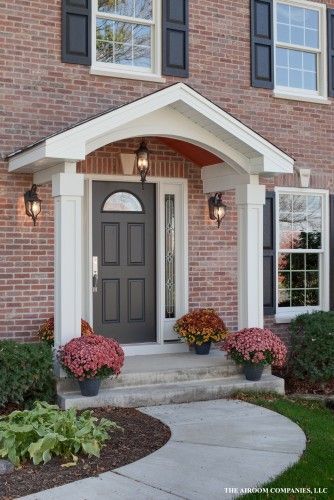 Yay, a colonial entry I like!!! (For some reason, I REALLY don't like round columns, so this is helpful! A portico with square columns.) Front Door Roof Overhang Entryway, Colonial Portico, Portico Ideas, Portico Entry, Front Portico, Entrance Steps, Front Door Overhang, Front Door Awning, Front Porch Addition