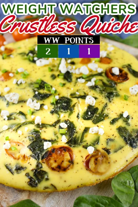 Weight Watchers Crustless Quiche is super easy to make and a very satisfying breakfast for all! I absolutely love quiche but on WW – you really need to avoid pastries – so I popped this crustless version in the oven and loved it! Mine is filled with spinach, tomatoes and feta – but you can pop in whatever your favorite fillings are. Ww Crustless Quiche Recipes, Ww Frittata Recipes, Ww Crustless Quiche, Ww Quiche Recipes, Weight Watchers Quiche Recipes, Ww Quiche, Weight Watchers Breakfast Casserole, Ww Breakfast Recipes, Crustless Quiche Recipes