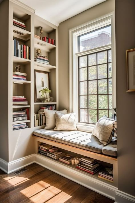 Reading Nook Living Room Window, Reading Nook Storage, Cozy Window Seat Reading Nook, Cozy Reading Nook Window, Built In Bench Reading Nook, Reading Corner Built In, Beach House Reading Nook, Home Library With Window Seat, Cosy Window Seat