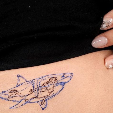 Shark Collarbone Tattoo, Beach Themed Tattoos For Women, Aesthetic Mermaid, Beachy Tattoos, Shark Girl, Sharpie Tattoos, Shark Tattoo, Shark Tattoos, Sea Travel