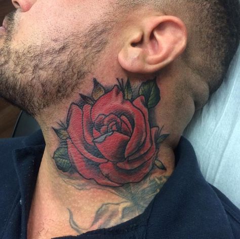 Neck Rose with a partial cover up by Paul   #devilsown #devilsowntattoos #leicester #leicesterink #leicestertattoo #tattoo #rose #rosetattoo #floraltattoo #trad #tradtattoo #traditionaltattoo #colour #colourtattoo #colourwork Rose Tattoo Back Of Neck, Rose Tattoo Neck, Rose Tattoo Back, All Time Low Tattoo, Tattoo Back Of Neck, Tattoo Future, A Rose Tattoo, Wrist Band Tattoo, Body Tattoo Design