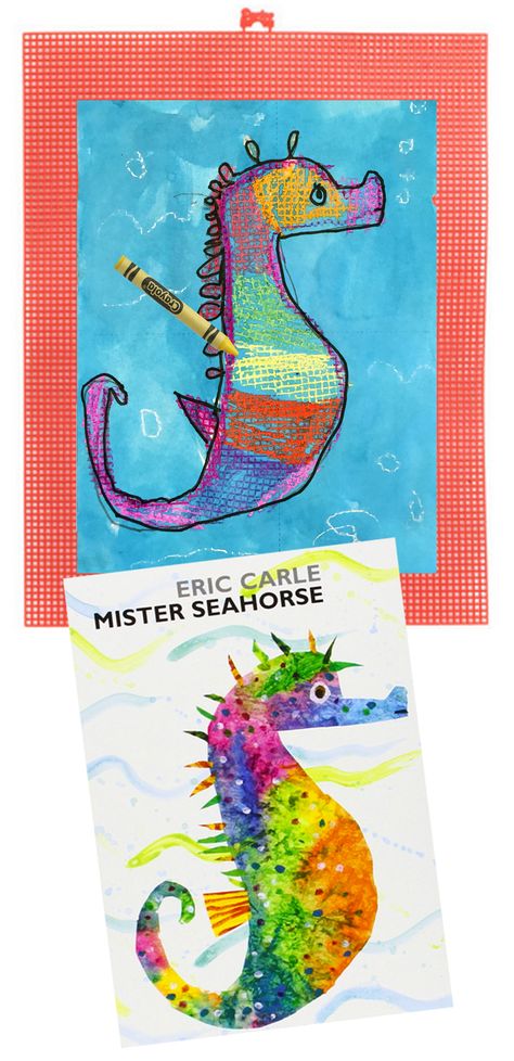 A great book and project for little ones learning about amazing animals. Plastic embroidery mesh mats add texture and help wet paintings get into a drying rack. #seahorse #carle Biodiversity Art, Kindy Art, Tropical Crafts, Summer School Art, Montessori Works, Eric Carle Art, Seahorse Crafts, Ocean Art Projects, Underwater Activities