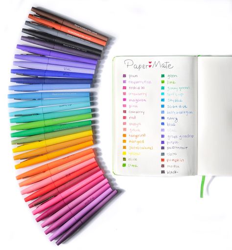 32 Paper Mate Flair Pens | Jenny's Crayon Collection Pens Papermate, Paper Mate Flair Pens, Pen Swatches, Color Wheel Lesson, Papermate Flair Pens, Aesthetic Pens, Ink Swatches, Papermate Inkjoy Gel Pens, Paper Mate Pens