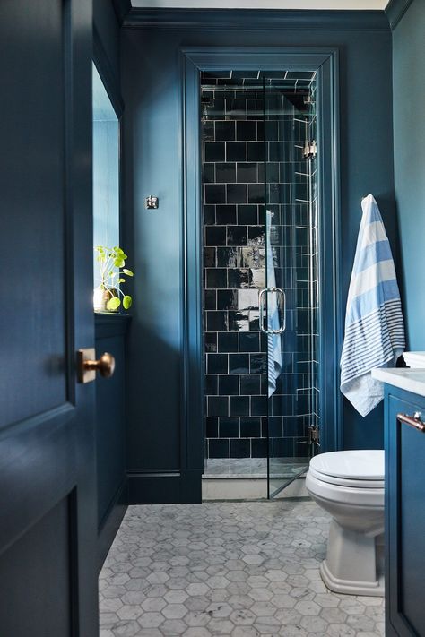 Shower Accent Tile, Dark Blue Tile, Dark Blue Bathrooms, Moody Bathroom, Dark Blue Walls, Shower Surround, Bathroom Top, Bathroom Trends, Blue Bathroom