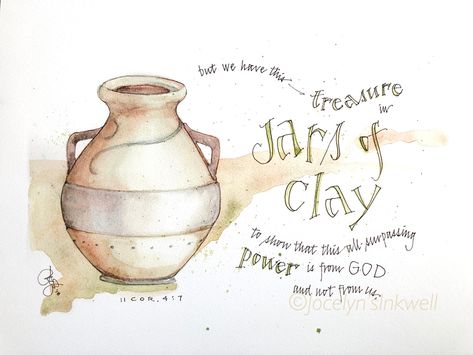 Treasure In Jars Of Clay, Scripture Crafts, Jars Of Clay, Inspirational Watercolor, Bible Verse Painting, Bible Journal Notes, Watercolor Calligraphy, Digital Ink, Verse Art