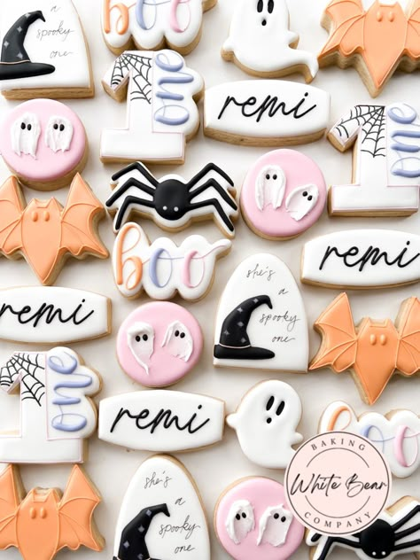 Spooky One Cookies Decorated, Spooky One First Birthday Cookies, Spooky One Birthday Cookies, Halloween First Birthday Cookies, Girly Halloween Cookies, Spooky One Cookies, Pastel Halloween Cookies, Halloween Birthday Cookies, Halloween Sugar Cookies Decorated