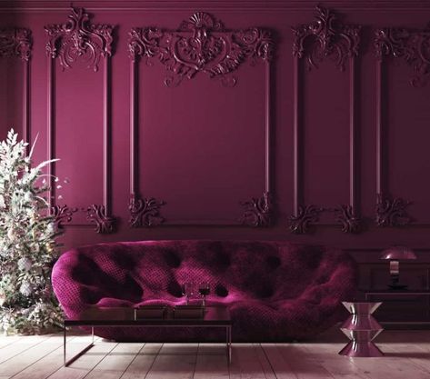 Plum Room, Plum Walls, Burgundy Room, Maroon Walls, Hot Pink Decor, Red Backsplash, Half Painted Walls, Burgundy Living Room, Burgundy Walls