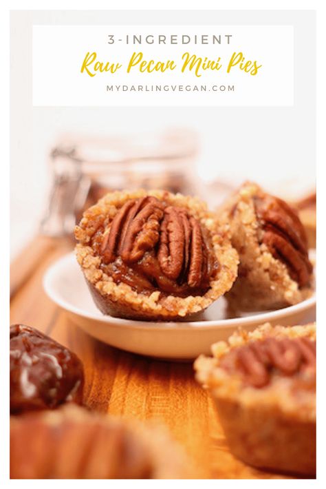 Raw Pecan Pie Tartlets made with just three ingredients! That's right, this decadent dessert is made from walnuts, dates, and pecans alone for a vegan, gluten-free, refined sugar-free, and wholesome holiday dessert. Pie Tartlets, Vegan Thanksgiving Dessert, Vegan Pecan Pie, Vegan Pecan, Cheesecake Vegan, Mini Pecan Pies, Pecan Pies, Vegan Holiday Recipes, Raw Vegan Desserts