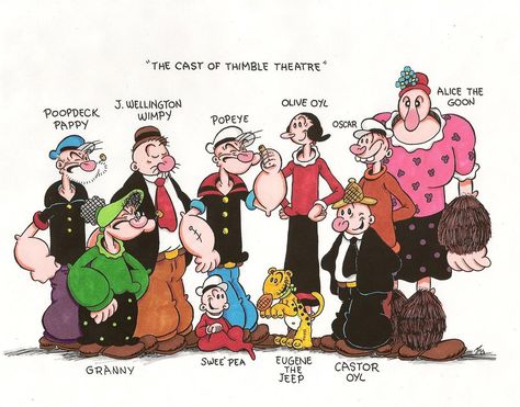 "The Cast of Thimble Theatre" Popeye Movie, Animated Movies Characters, Tv Series Poster, Popeye And Olive, Popeye The Sailor Man, Cartoon N, Olive Oyl, Series Poster, Favorite Cartoon Character