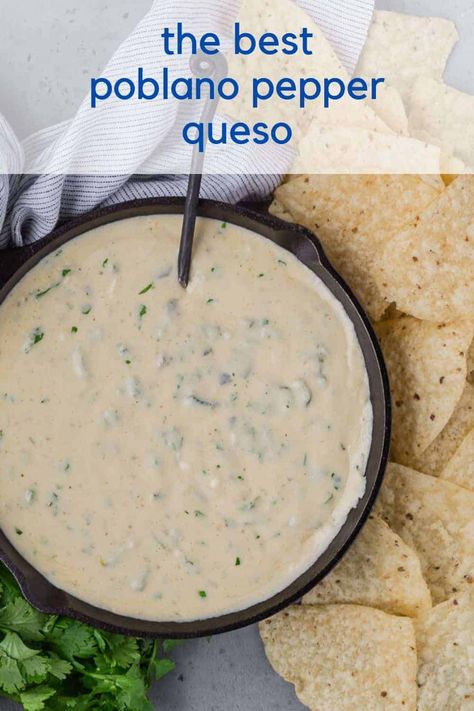 Creamy poblano queso dip, studded with flavorful roasted poblano peppers, is pleasantly spicy but not fiery. Enjoy it as a dip or a topping for tacos or nachos. Poblano Queso, Poblano Recipes, Poblano Peppers Recipes, Poblano Pepper, Roasted Poblano Peppers, Roasted Poblano, Crispy Sweet Potato, Poblano Peppers, Queso Dip