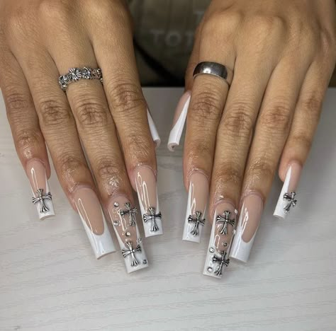 Sick Nails Acrylic, Acrylic Nail Designs With Charms, Sick Nail Designs, Bb Nails, Beige Nails Design, Texas Nails, Acrylic Nail Set, Punk Nails, Drip Nails