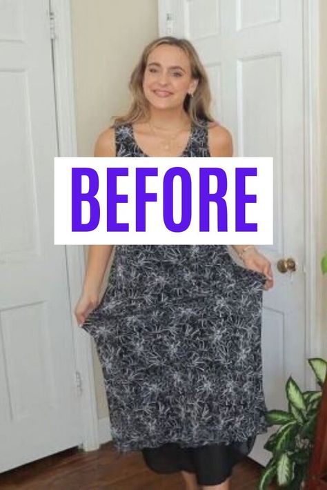 dress refashion tutorial Turn A Dress Into A Top, Long Dress To Short Dress Diy Ideas, Add Sleeves To Sleeveless Dress, Maxi Dress Too Long Hack, How To Make A Dress Tighter, Dress Too Big Hacks No Sew, Maxi Dress Too Long, House Dresses Comfy, Oversized Jumper Dress