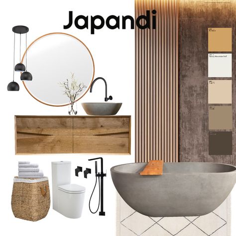 Bathroom Moodboard Interior Design, Mood Board Japandi, Mid Japandi, Moroccan Bathrooms, Japandi Interiors Moodboard, Japandi Moodboard, Moodboard Interior Design, Japandi Bathroom Design, Style Sourcebook