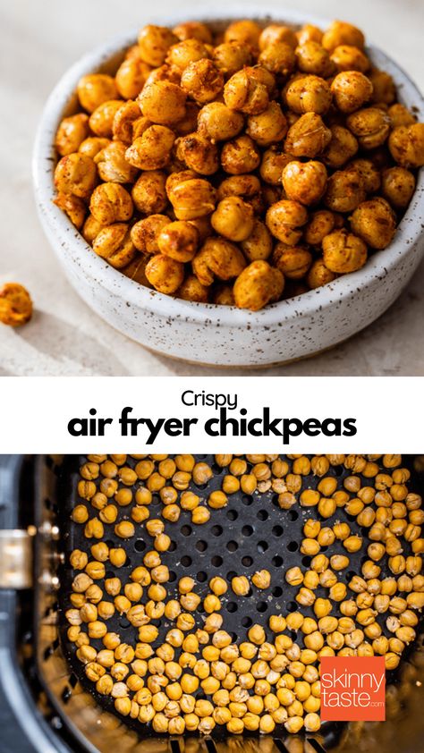 Crispy Air Fryer Chickpeas are a healthy snack or salad topper! So quick and easy to make in the air fryer. #chickpeas #vegan #vegetarian #airfryer Airfryer Chickpeas, Crispy Air Fryer Chickpeas, Air Fryer Chickpeas, Pea Snacks, Ww Snacks, Chic Peas, Crunchy Chickpeas, Crispy Chickpeas, Skinnytaste Recipes