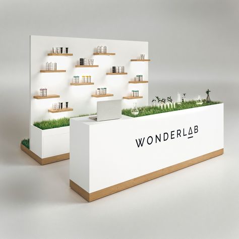 Trade counter for WONDERLAB on Behance Skin Care Exhibition Booth Design, Cosmetics Display Stand Design, Registration Counter Design, Booth Counter Design, Cosmetic Booth Design, Fragrance Display, Interior Design Industrial, Cosmetics Display Stand, Event Booth Design