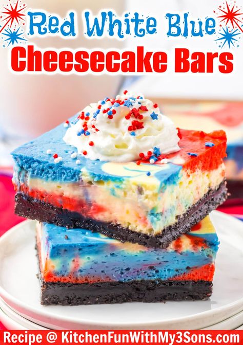 These Red, White, and Blue Cheesecake Bars are the ultimate summer dessert! They have a creamy cheesecake filling and a homemade chocolate cookie crust. The patriotic decorations make them super festive for a Fourth of July party! Red White Blue Cheesecake, Red White And Blue Cheesecake, Blue Cheesecake, Cheesecake Bars Easy, L Kitchen, Patriotic Desserts, Cheesecake Bar Recipes, Blue Desserts, 4th Of July Desserts