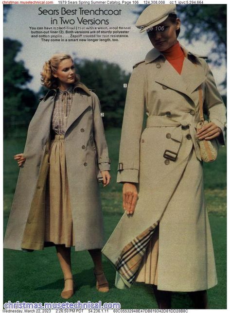 1979 Sears Spring Summer Catalog, Page 106 - Catalogs & Wishbooks 1970s Trench Coat, Burberry Trench Coat Women, British Preppy, Burberry Aesthetic, 90s Fashion Catalog, England Lifestyle, British Country Style, Money Aesthetics, Hair In The Wind