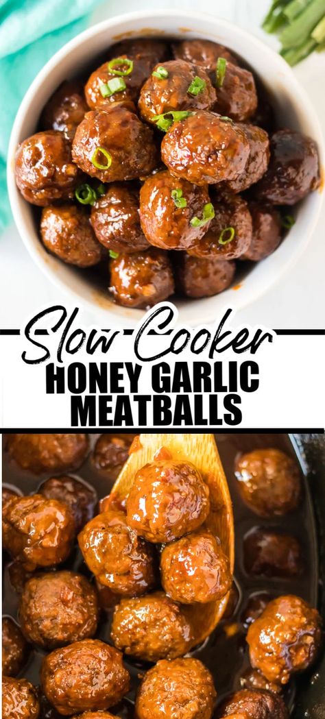 These Honey Garlic Meatballs are sweet with a little bit of heat. Made easy in the slow cooker, they are perfect for dinner or to serve as an appetizer. | www.persnicketyplates.com Honey Meatball Recipes, Meatball Recipes Slow Cooker, Healthy Meatballs Crockpot, Crock Pot New Years Recipes, Homemade Slow Cooker Meatballs, Crockpot Meatball Recipes Appetizers, Crockpot Meatball Dinner Ideas, Slow Cooker Chicken Meatballs, Slow Cooker Meatballs Appetizers