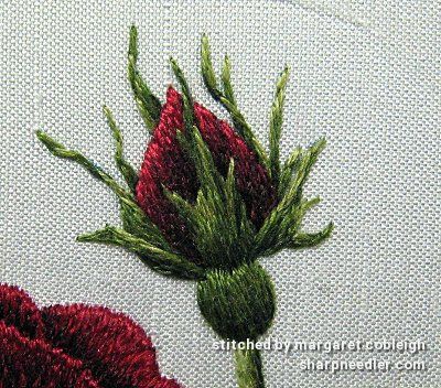 Close-up of bud from Trish Burr-designed French Rose. Red threads are silk! Flower Buds Embroidery, Rose Bud Embroidery, Bridgerton Embroidery, Embroidery Brazilian, French Stitch, Trish Burr, Brazilian Embroidery Stitches, Needle Painting, French Rose