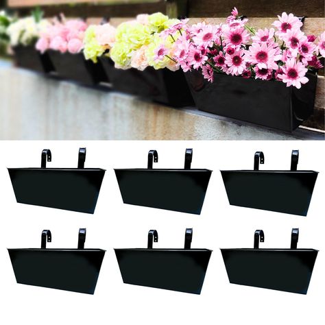 PRICES MAY VARY. 6 PACK SET: 16 Inch balcony planters railing hanging are made from metal iron. This 16 inch flower boxes outdoor is both durable and sturdy, making it perfect for use in any season. Check image for detailed dimension. Pick the right size for your plants to prevent unpleasant experience and potential wastage on resources. EASY TO USE: This strawberry planters for outdoor plants is convenient to hooks and allows for easy hanging on deck rails, fences, or porches, making it effortl Planters For Railings, Hanging Fence Planters Ideas, Hanging Wall Planters Outdoor, Fence Flower Boxes, Railing Flower Boxes, Balcony Planter Boxes, Hanging Planters Outdoor, Metal Window Boxes, Deck Rails