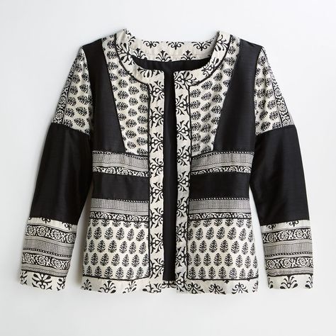 Beautifully pieced block printed cotton jacket Block Print Jacket, Quilted Cotton Jacket, Cotton Jackets Women, Quilted Clothing, Wearable Art Clothing, Elegant Jacket, Quilted Clothes, Batik Fashion, Boho Jacket