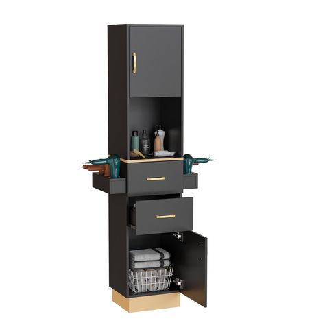 PRICES MAY VARY. Large Storage Capacity: The styling station has 2 drawers and 2 Storage Cabinet and 6 holders for storing Hair Dryer and other hairdressing tools to keep your space neat and tidy Thoughtful design: Equipped with an open display shelf for easy access to items. The side cabinets with 6 built-in tool holders that are designed in 2 sizes, which can be used to store hair dryers and curling irons. Keep your space organized Easy to Assemble: All pieces are clearly labled, it's not comp Barbershop Organization Ideas, Salon Hair Station Ideas, Salon Wet Station, Spa Cabinet, Home Hair Salon Shampoo Station, Ikea Salon Station Ideas, Washing Station Hair Salon, Small Salon Suite Ideas Layout, Salon Station Ideas