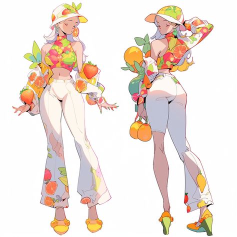 Dragon Fruit Inspired Outfit, Food Themed Outfits, Tropical Character Design, Surfer Character Design, Beach Outfit Drawing, Hawaiian Character Design, Summer Character Design, Fruit Character Design, Food Character Design