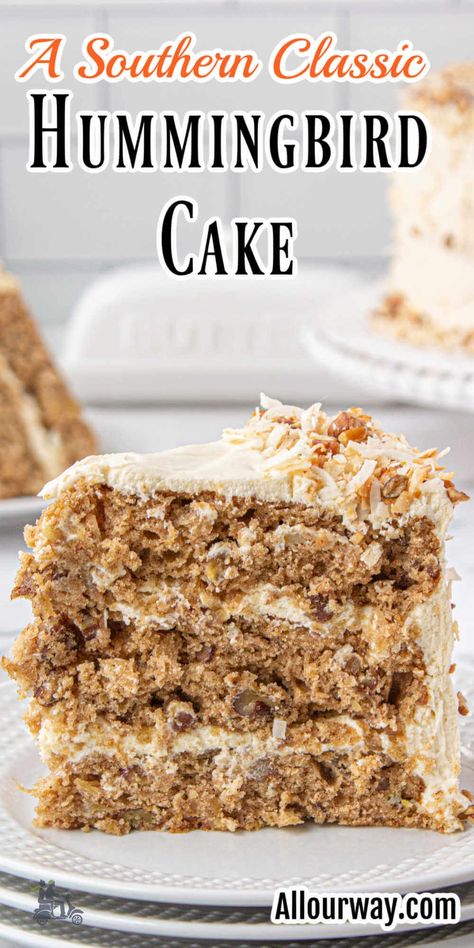 Classic Hummingbird Cake With Caramel Cream Cheese Frosting Old Fashion Hummingbird Cake, Moist Hummingbird Cake Recipe, Redbird Cake, Hummingbird Cakes, Humming Bird Cake Box Cake, Cakes With Nuts Recipes, Hummingbird Cake With Coconut, Hummingbird Cheesecake, Hummingbird Cake Recipe Southern Living