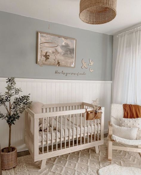 Wall Panels Nursery, Neutral Nursery With Panelling, Half Wall Nursery Ideas, Shiplap Wall In Nursery, Vertical Shiplap Wall Nursery, Bead Board Wall Nursery, Shiplap In Nursery, Vj Panelling Nursery, Wood Panel Accent Wall Nursery