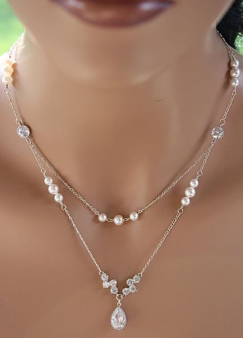 DOUBLE STRANDED VINTAGE Back Drop Necklace Chain Design with Pearl & Rhinestone Tear Drop Pendant, Rhinestone Clasp, Cream or White Pearl by LalleBridalJewelry Tear Drop Necklace Diamond, Handmade Bridal Jewelry, Necklaces For Sweetheart Neckline, Diy Swarovski Earrings, Necklace Chain Design, Necklace Guide, Silver Necklace Designs, Tear Drop Pendant, Drop Pendant Necklace