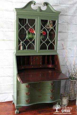 Painted Secretary Desks, Secretary Desk Makeover, Painted Secretary, Vintage Secretary Desk, Antique Secretary Desks, Wood Secretary Desk, Green Painted Furniture, Antique Secretary, Vintage Secretary