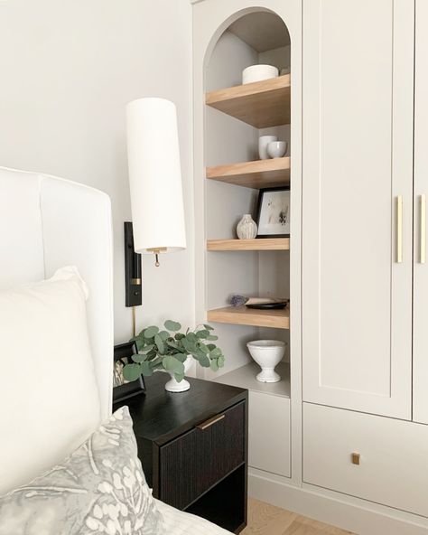 Wardrobes With Open Shelves, Open Shelving Wardrobe, Build In Wall Shelves, Farmhouse Wardrobe Ideas, Built In Open Wardrobe Ideas, Built In Open Wardrobe, Built In Wardrobe With Shelves, Arched Open Shelving, Built In Wall Closet Ideas Bedroom