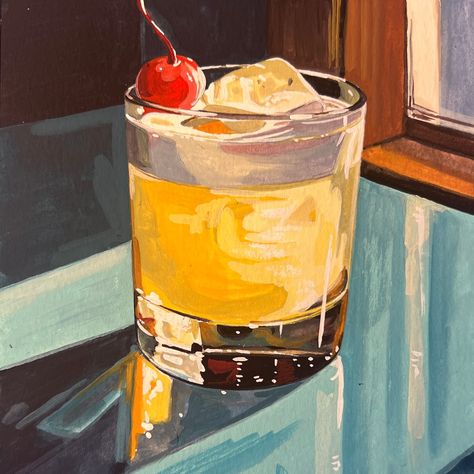 Whiskey Sour Illustration, Cocktail Painting Acrylic, Cocktail Painting, Whiskey Sour Cocktail, Drink Design, Painting Styles, Painting References, Foodie Art, Sour Cocktail