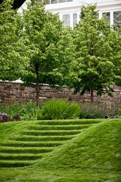 Steps In Grass Bank, Grass Steps, Steep Hillside Landscaping, Small Garden Landscape Design, Landscape Stairs, Large Backyard Landscaping, Mediterranean Landscape, Small Garden Landscape, Seaside Garden