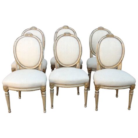 Set of Six Antique Italian Louis XVI Dining Chairs | From a unique collection of antique and modern dining room chairs at https://www.1stdibs.com/furniture/seating/dining-room-chairs/ Small Comfy Chair, Unique Chairs, Louis Xvi Chair, White Dining Room Chairs, Modern Dining Room Chairs, Oversized Chair Living Room, Swivel Rocker Recliner Chair, Arm Chair Styles, Office Chair Without Wheels