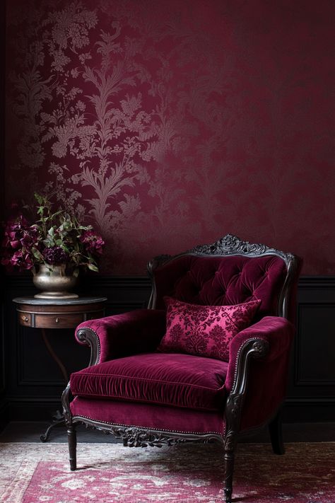 13 Stunning Burgundy Wallpaper Designs For Your Home - DreamyHomeStyle Red Accent Wallpaper, Black And Burgundy Living Room, Maroon Walls Bedroom, Maroon Wall Bedroom, Burgundy Room Ideas, Maroon Accent Wall, Burgundy Room Aesthetic, Burgundy Walls Living Room, Burgundy Interior Design