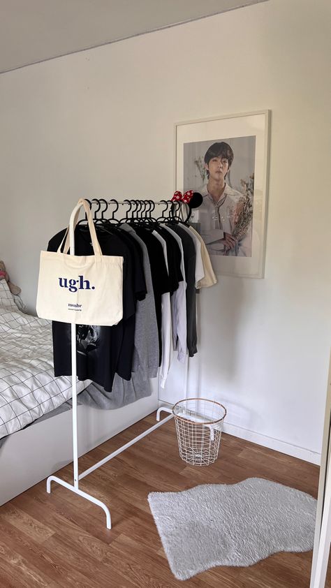 Bts taehyung poster from the love yourself speak yourself tour framed with ugh bag on clothing rack ikea white room idea 2023 room ideas ikea with white bed ugh bts aesthetic Room Ideas Aesthetic Clothing Rack, Ikea Clothing Rack, Room Ideas Ikea, Ikea Clothes Rack, Ikea Rack, Ikea Wall Shelves, Ikea Bag, Ikea White, Kpop Room