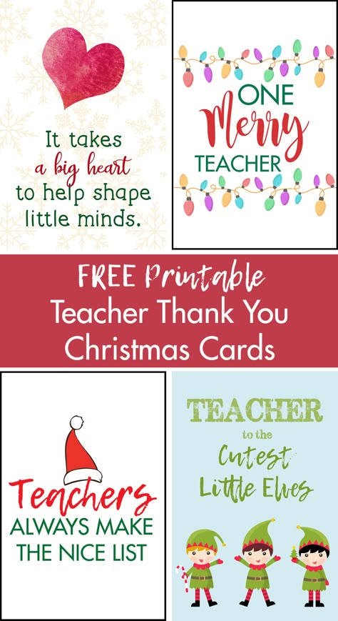 FREE printable teacher thank you Christmas cards. A dozen original designs. Perfect for teacher gifts! #freeprintable #printablecards #teachercards #teachergifts Homemade Christmas Cards For Teachers, Holiday Cards For Teachers, Teacher Christmas Gift Tags Printable, Teacher Christmas Printable Free, Teacher Christmas Gift Tags Free, Christmas Cards For Teachers From Kids, Merry Christmas Teacher Card, Teacher Christmas Cards From Kids, Teacher Christmas Tags Printable Free