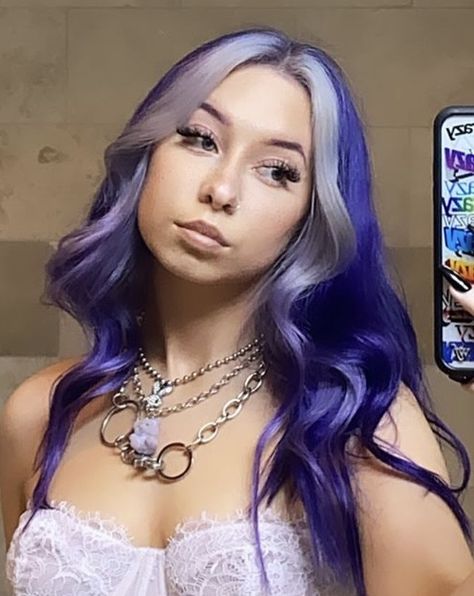 2 Toned Purple Hair, Dark Purple Hair With Lavender Money Piece, Blonde Purple Split Dye, Split Dyed Hair Blonde And Purple, Purple And Platinum Blonde Hair, Light Purple And Dark Purple Hair, Purple Hair With Blonde Underneath, Purple Hair White Streak, Blue And Purple Hair Split