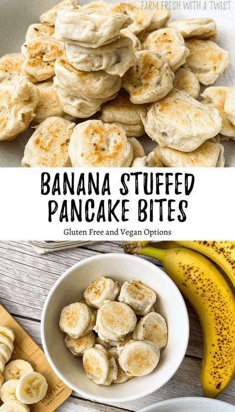 Banana Stuffed Pancake Bites - Farm Fresh with a Twist Banana Pancake Bites, Gluten Free Pancake Mix, Gluten Free Crock Pot Recipes, Gluten Free Recipes For Kids, Pancake Bites, Healthy Breakfast Muffins, Dairy Free Snacks, Breakfast Recipes Sweet, Banana Bites